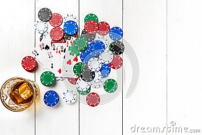 Post blog social media poker. Banner template layout mockup for online casino. Wooden white table, top view on workplace Stock Photo