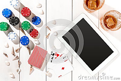 Post blog social media poker. Banner template layout mockup for online casino. Wooden white table, top view on workplace Stock Photo