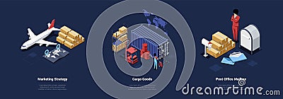 Post Delivery Conceptual Vector Illustration Of Three Separate Compositions On Dark Background With Text. Isometric Stock Photo