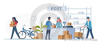 Post delivery office. Postmen, courier and people with boxes and letters in post reception, order receiving or parcel Vector Illustration