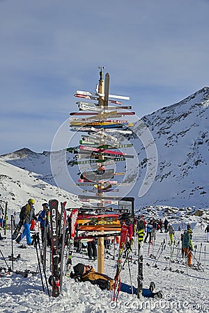 Post with directions to the ski slopes in the Austrian Alps, Ischgl Editorial Stock Photo