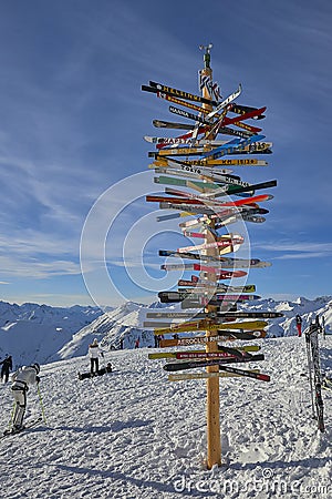 Post with directions to the ski slopes in the Austrian Alps, Ischgl Editorial Stock Photo
