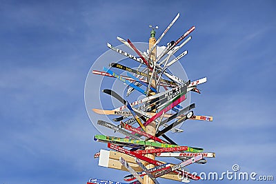 Post with directions to the ski slopes in the Austrian Alps, Ischgl. Editorial Stock Photo