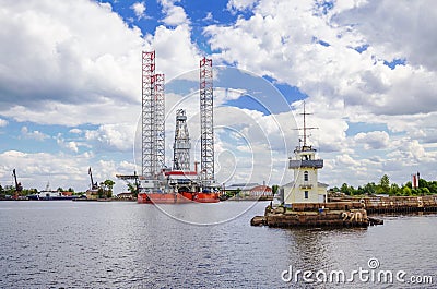 Post of Distance traffic service and Arctic drilling platform in Kronstadt, Russia Editorial Stock Photo