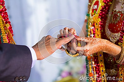 Close up of Engagement or ring ceremony in indian wedding Stock Photo