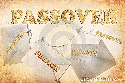 Post envelopes, vintage cards to write greetings, congratulations. Passover and Pesach in Hebrew made of Matzoh. Old paper texture Stock Photo