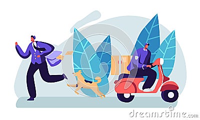 Post Express Delivery Service. Male Postmen Characters Wearing Uniform and Cap Shipping Parcels and Mail on Foot and by Scooter Vector Illustration