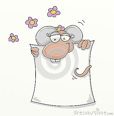Post held by a mouse blank ticket where you can write what you wantwith flowers. Stock Photo