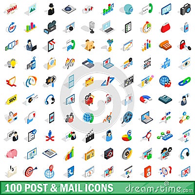 100 post and mail icons set, isometric 3d style Vector Illustration