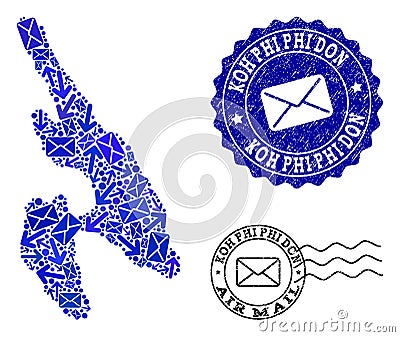 Post Motion Composition of Mosaic Map of Koh Phi Don and Distress Seals Vector Illustration