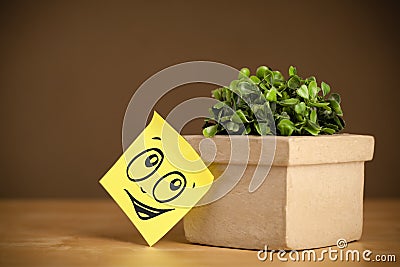 Post-it note with smiley face sticked on flowerpot Stock Photo