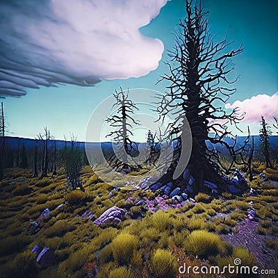 Post-nuclear Wilderness. Landscape transformed by nuclear fallout, featuring mutated flora Stock Photo