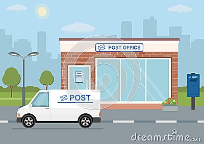 Post office building, delivery truck and mailbox on city background. Vector Illustration