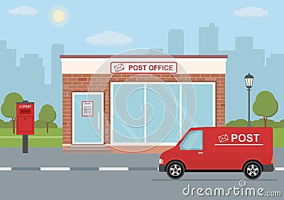 Post office building, delivery truck and mailbox on city background. Vector Illustration