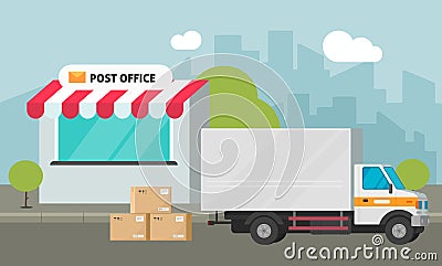 Post office on city street and cargo truck loading or delivered parcel boxes vector illustration, flat cartoon Vector Illustration