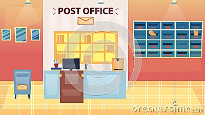 Post Office, Postage, Mail Delivery Service Concept. Modern Interior Of Empty Post Office With Mailbox, PO Box, Scales Vector Illustration