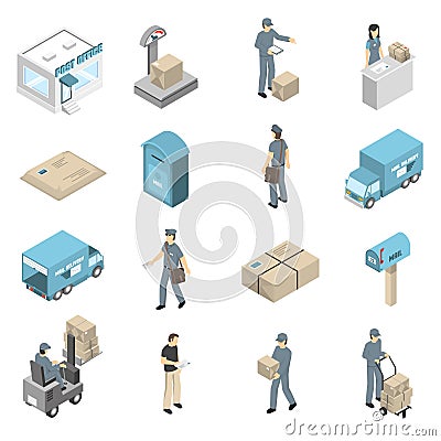 Post Office Service Isometric Icons Set Vector Illustration