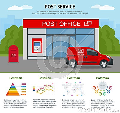 Post office service with postman riding car for delivery and infographics. Vector illustration on background Vector Illustration