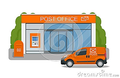 Post office service with postman riding car for delivery. Vector illustration isolated on background. Correspondence Vector Illustration