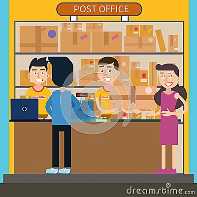 Post Office. Woman Receiving Parcel. Postal Service Vector Illustration