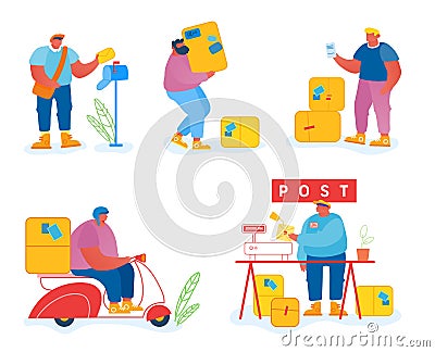 Post Office Workers and Clients Set Isolated on White Background. People Receiving and Sending Mail, Postmen Vector Illustration