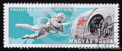Post stamp Magyar, Hungary, 1966, Alexei Leonov spacewalk and Vostok 2 Editorial Stock Photo