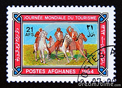Postage stamp Afghanistan 1984. Buzkashi Game, Horse Equus ferus caballus Editorial Stock Photo