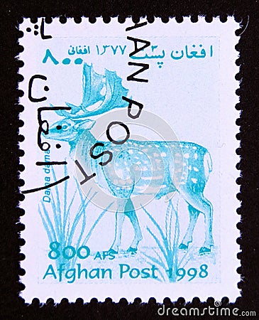 Postage stamp Afghanistan 1998, Fallow Deer, Dama dama Editorial Stock Photo