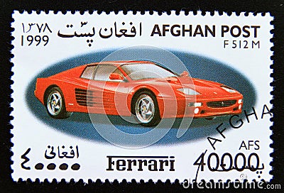 Postage stamp Afghanistan 1999. Ferrari F512M sports car Editorial Stock Photo