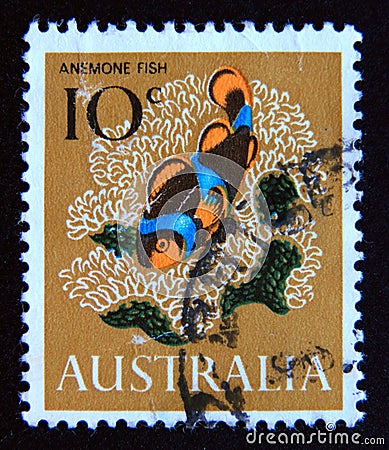 Postage stamp Australia, 1966. Anemone Fish Amphiprion percula fish Editorial Stock Photo