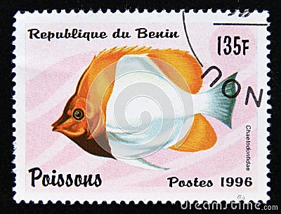 Postage stamp Benin 1996. Butterflyfish family Chaetodontidae Editorial Stock Photo