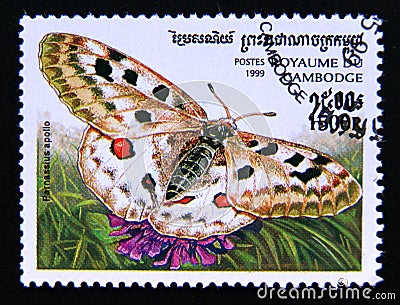 Postage stamp Cambodia, 1999. Apollo Parnassius apollo butterfly Editorial Stock Photo