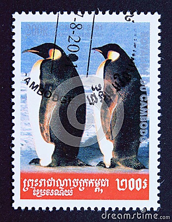 Postage stamp Cambodia, 2001, Emperor Penguin, Aptenodytes forsteri Editorial Stock Photo
