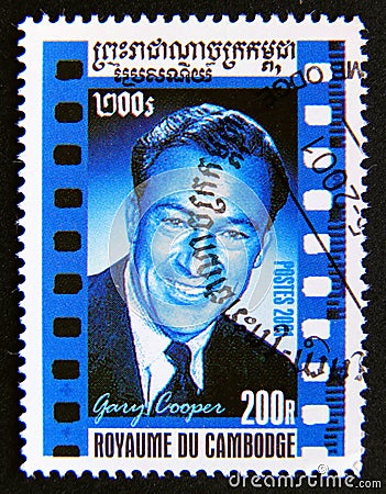 Postage stamp Cambodia, 2001. Gary Cooper Editorial Stock Photo