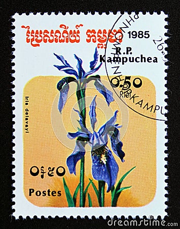 Postage stamp Cambodia, 1985. Iris delavayi flower Editorial Stock Photo