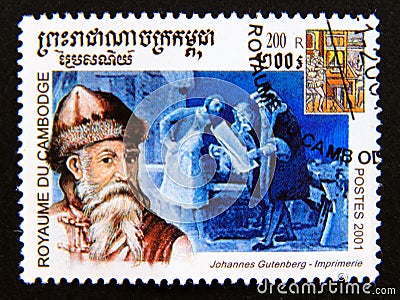 Postage stamp Cambodia, 2001. Johannes Gutenberg Editorial Stock Photo