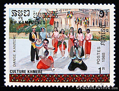 Postage stamp Cambodia 1988. Traditional Paons Dance Culture of the Khmer Editorial Stock Photo