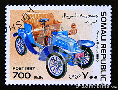 Postage stamp Cinderella 1997. George Bouton 1880 oldtimer car Editorial Stock Photo