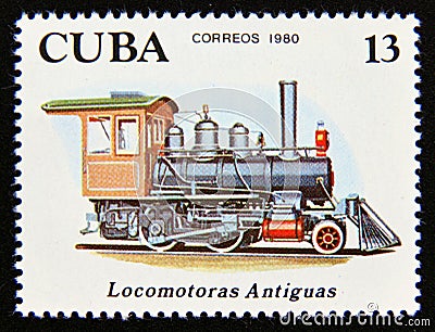 Postage stamp Cuba 1980. Antique Steam Locomotive 2-4-0 train Editorial Stock Photo