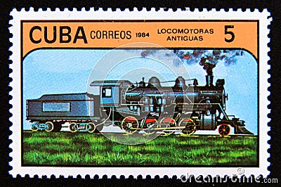 Postage stamp Cuba 1984. Antique Steam Locomotive Editorial Stock Photo