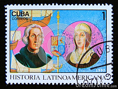 Postage stamp Cuba 1992. Columbus, Queen Isabella Editorial Stock Photo