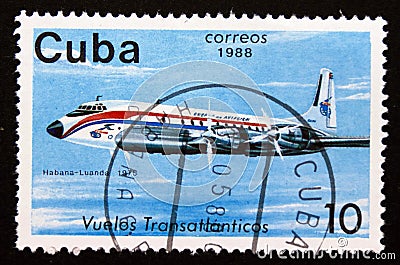 Postage stamp Cuba, 1988, Douglas DC-7 airplane 1975 Editorial Stock Photo