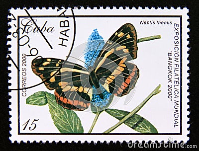 Postage stamp Cuba, 2000. Sailer Neptis themis butterfly Editorial Stock Photo