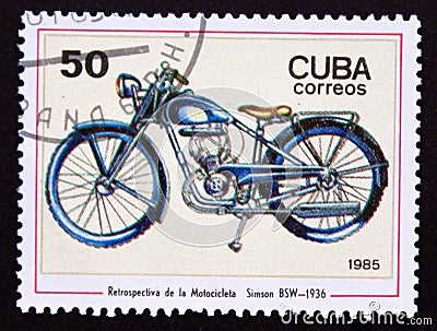 Postage stamp Cuba, 1985, Simon BSW 1936 motorcycle Editorial Stock Photo