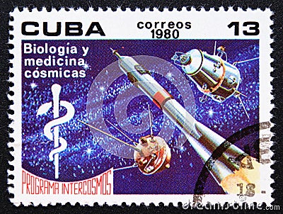 Postage stamp Cuba, 1980. Staff of Aesculapius, rocket and satellites Editorial Stock Photo