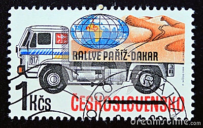 Postage stamp Czechoslovakia, 1989, Paris Dakar Rally, Liaz truck Editorial Stock Photo