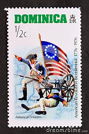 Unused post stamp printed in Dominica 1976 confederate flag, soldiers Editorial Stock Photo