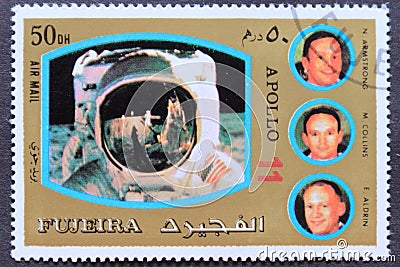 Post stamp Fujeira with rocket and astronauts apollo 11 mission Editorial Stock Photo