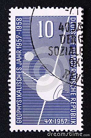 Post stamp German Democratic Republic, DDR, 1957, Sputnik I satellite Editorial Stock Photo