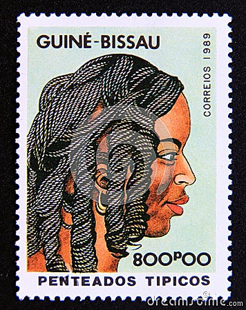 Postage stamp Guinea Bissau, 1989. Typical Traditional hairstyle Editorial Stock Photo